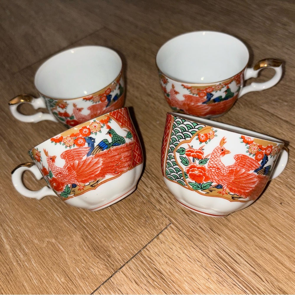 Vintage Arita Imari Peacock pattern teacups porcelain from Japan box L